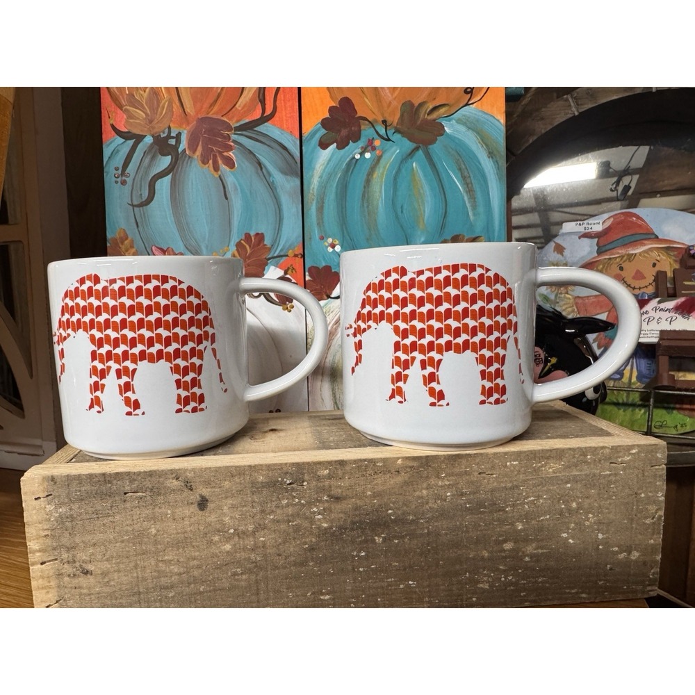 Room Essentials ELEPHANT Red Orange 2 Coffee Mugs Cups Ceramic RE TARGET 12oz.